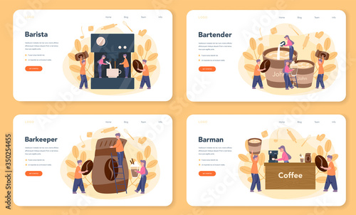 Barista web banner or landing page set. Bartender making a cup