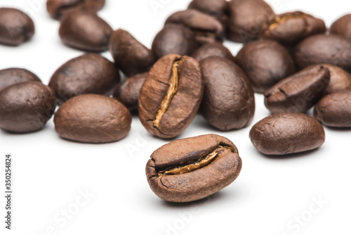 coffee beans roasted on a white background area for copy space.
