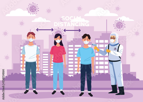 doctor checking temperature for covid19 and social distance
