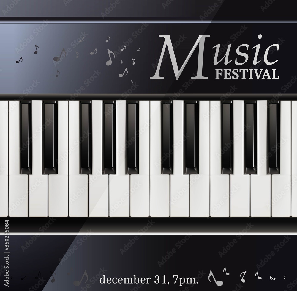 Fototapeta premium 3d realistic vector music festival poster piano with keyboard black and white.