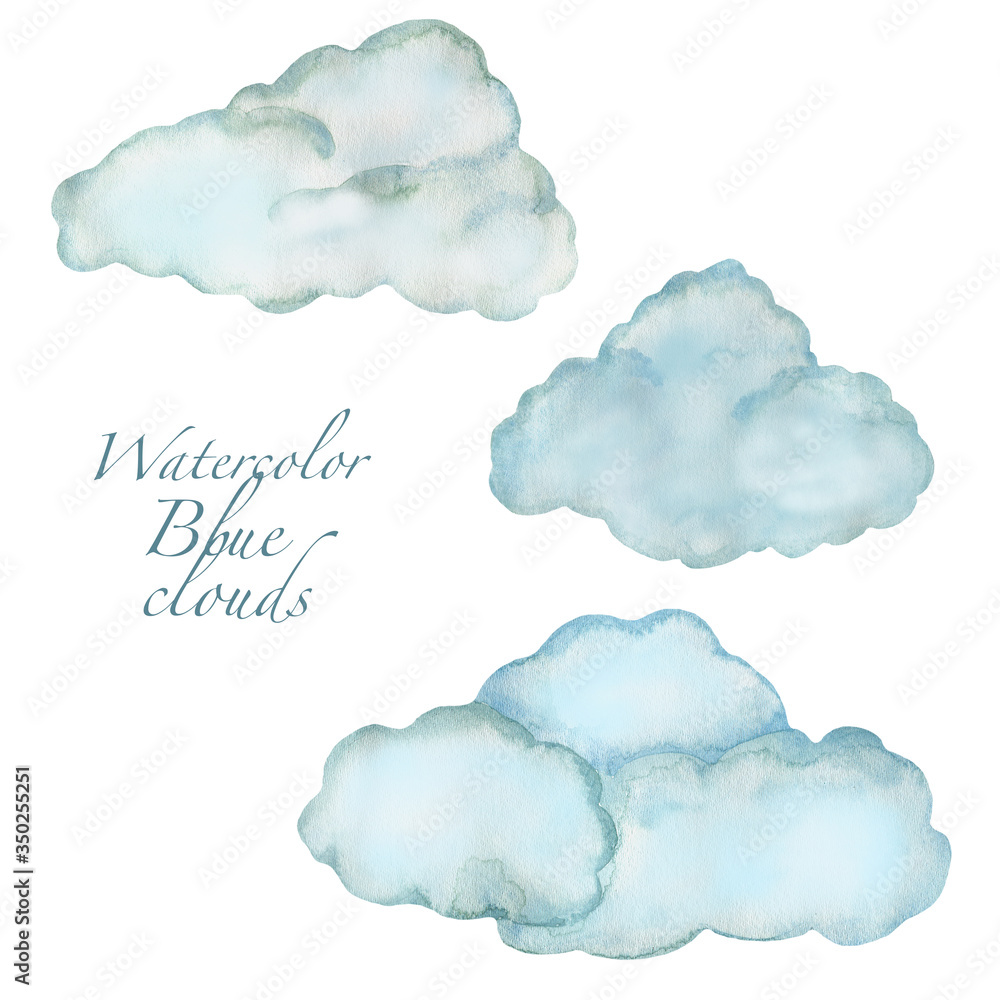 Watercolor illustration of a set of blue clouds. Hand-drawn with watercolors and is suitable for all types of design and printing. Watercolor illustration of a set of blue clouds. Hand-drawn with watercolors and is suitable for all types of design and printing.