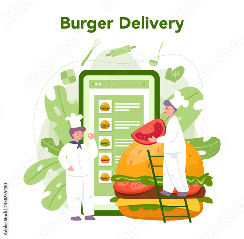 Fast food, burger house concept. Chef cook tasty hamburger with
