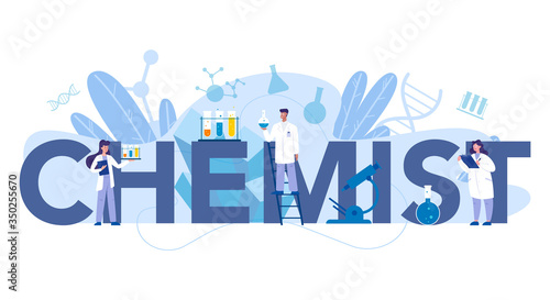 Chemist scientist typographic header concept. Scientific experiment