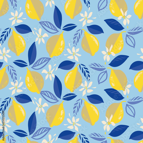 Vector tropical modern mediterranean summer lemon repeating pattern. Hand drawn bright textured citrus fruit pattern with leaf and bud on blue background. Classy simple summer backdrop.