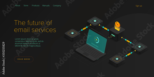 Email service concept isometric vector illustration. Electronic mail message as part of business  marketing. Webmail mobile service layout for website header. Newsletter sending background.