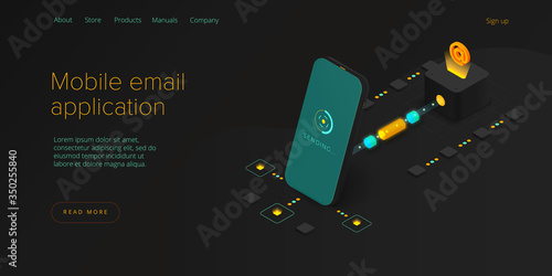 Email service concept isometric vector illustration. Electronic mail message as part of business  marketing. Webmail mobile service layout for website header. Newsletter sending background.