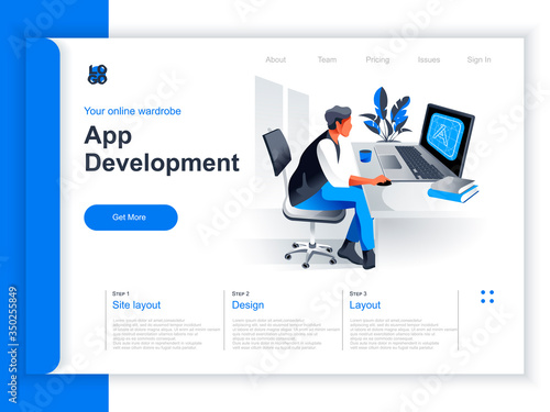 App development isometric landing page. Programmer working with computer in office situation. UI, UX responsive design, application programming and testing cross platform code perspective flat design.