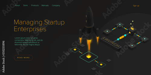 Startup coaching and mentorship concept in isometric vector illustration. Business start up team launching rocket with computer and server. Creative web banner layout template design.