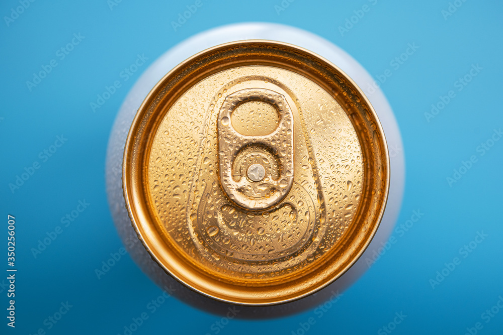 Macro photo of cold golden beer can Macro photo of cold golden beer can