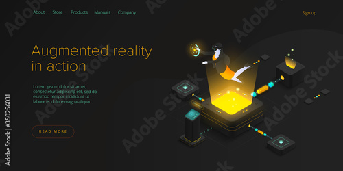Virtual or augmented reality concept in isometric vector illustration. Woman with VR/AR glasses. Female with headset technology. Web banner layout template for website or social media.