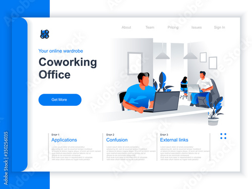 Coworking office isometric landing page. People working with computers in coworking open space area situation. Modern business community, coworkers in contemporary workspace perspective flat design.