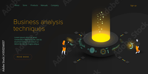 Business analysis in isometric vector illustration. Data analytics for company marketing solutions or financial performance. Budget accounting or statistics concept. Web banne layout template.