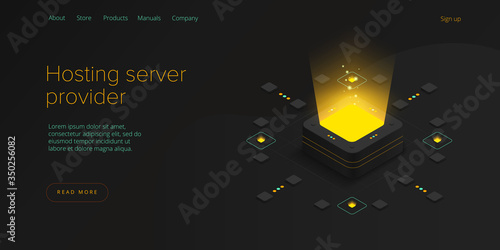 Hosting server isometric vector illustration. Abstract 3d datacenter or data center room background. Network mainframe infrastructure website header layout. Computer storage or farming workstation.