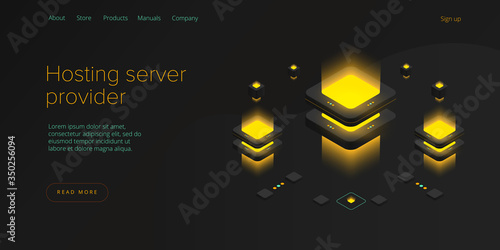 Hosting server isometric vector illustration. Abstract 3d datacenter or data center room background. Network mainframe infrastructure website header layout. Computer storage or farming workstation.