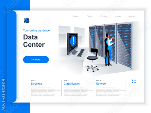 Data center isometric landing page. IT engineer servicing server equipment at data center situation. Hosting platform hardware and software, data storage and administration perspective flat design.