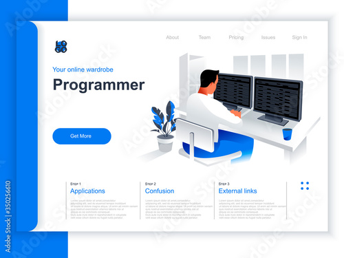 Software development isometric landing page. Programmer working with computer in office situation. Web application programming and testing, frontend and backend development perspective flat design.