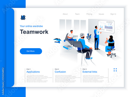 Business teamwork isometric landing page. Manager doing presentation before colleagues in office situation. Productive corporate teamwork, data analyzing and strategy planning perspective flat design.