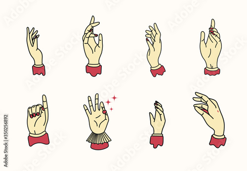 hand vector illustration set in flat design style with outlines. icons for logo design, clip art elements. manicure nail salon . magic performer, illusionist. pointing fingers, different hand poses.