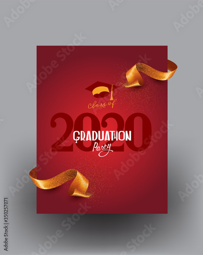 Graduation 2020 poster with lettering and gold ribbon. Vector illustration