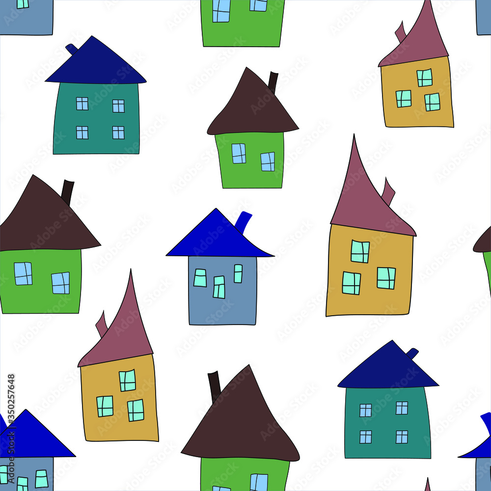 Vector seamless pattern of suburban family houses of trees and firs. Colored village houses with roof windows and chimneys. Flat style. Can be printed and used as wrapping paper, wallpaper, textile, f