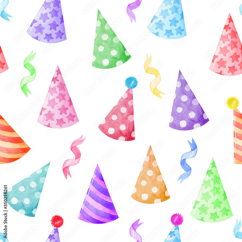 watercolor bright party hats seamless pattern on white background. Birthday caps for wrapping, fabric, textile, napkins, party decoration watercolor bright party hats seamless pattern on white background. Birthday caps for wrapping, fabric, textile, napkins, party decoration