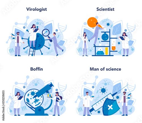 Virologist concept set. Scientist studies viruses and bacteria. Laboratory