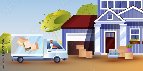 Relocation concept with young male driver in a truck delivering furniture to new home. Vector illustration with building exterior, card boxes, armchair, car. Moving house banner in flat style