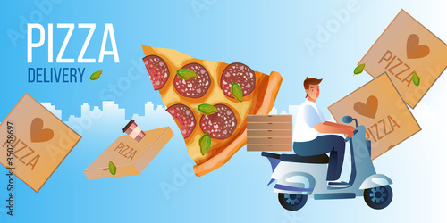 Free delivery concept with young courier driving scooter, boxes, realistic pepperoni slice. Order food online banner with man on motorbike, cityscape, piece of pizza. Vector illustration in flat style