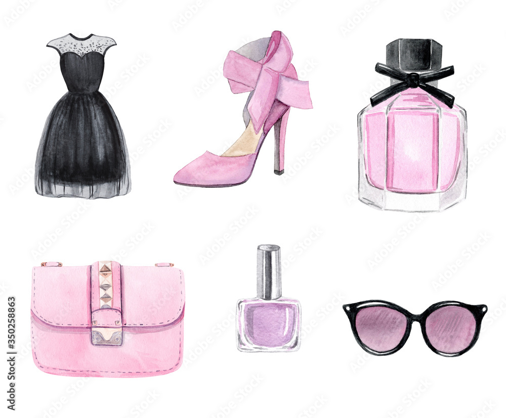 watercolor pink fashion accessories set isolated on white background. Shoes,  perfume, dress, bag, sunglasses, polish clipart. For planner stickers,  textile prints, DIY projects Stock Illustration | Adobe Stock