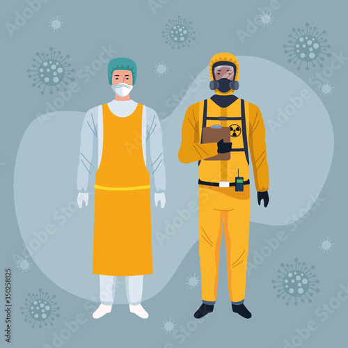 workers using yellow protection virus suits characters