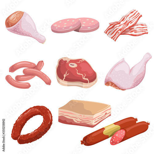 Meat products in cartoon style set. Butcher shop icons. Chicken legs, bacon slices, smoked sausage, pork bristle, salami, motadella slices, frankfurters and boned beef steak. Vector illustration.
