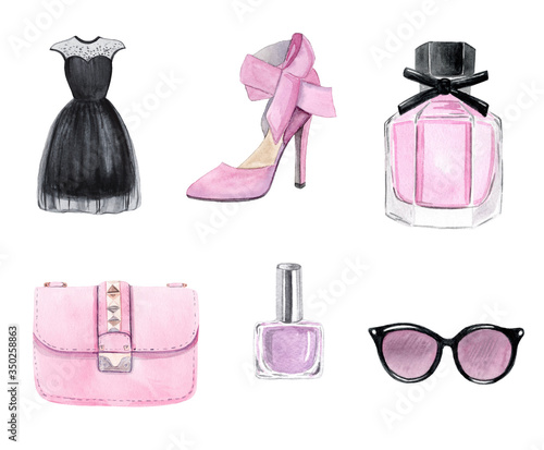 watercolor pink fashion accessories set isolated on white background. Shoes, perfume, dress, bag, sunglasses, polish clipart. For planner stickers, textile prints, DIY projects
