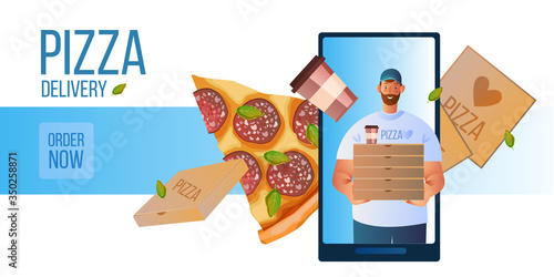 Free delivery concept with young courier, boxes, smartphone screen, realistic pepperoni slice. Order food online banner with smiling man, coffee cup and pizza piece. Vector illustration in flat style