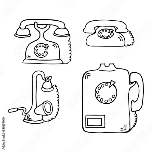 The set of vector vintage phones isolated on white. Doodle retro illustration.