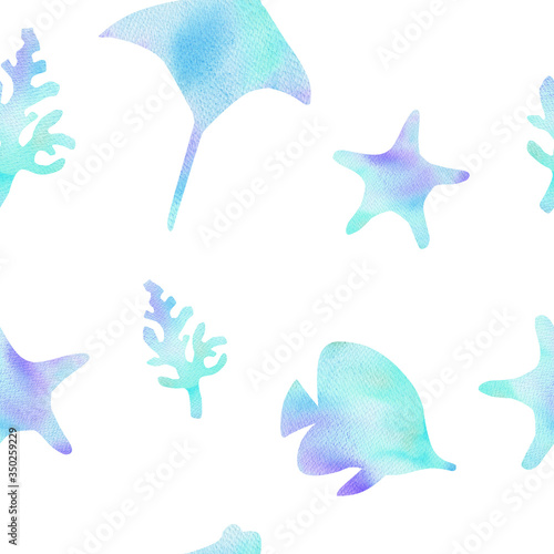 watercolor blue stingray and star fish  seamless pattern on white background for fabric,textile,wrapping,scrapbooking. Underwater life. Ocean animals © dreamloud
