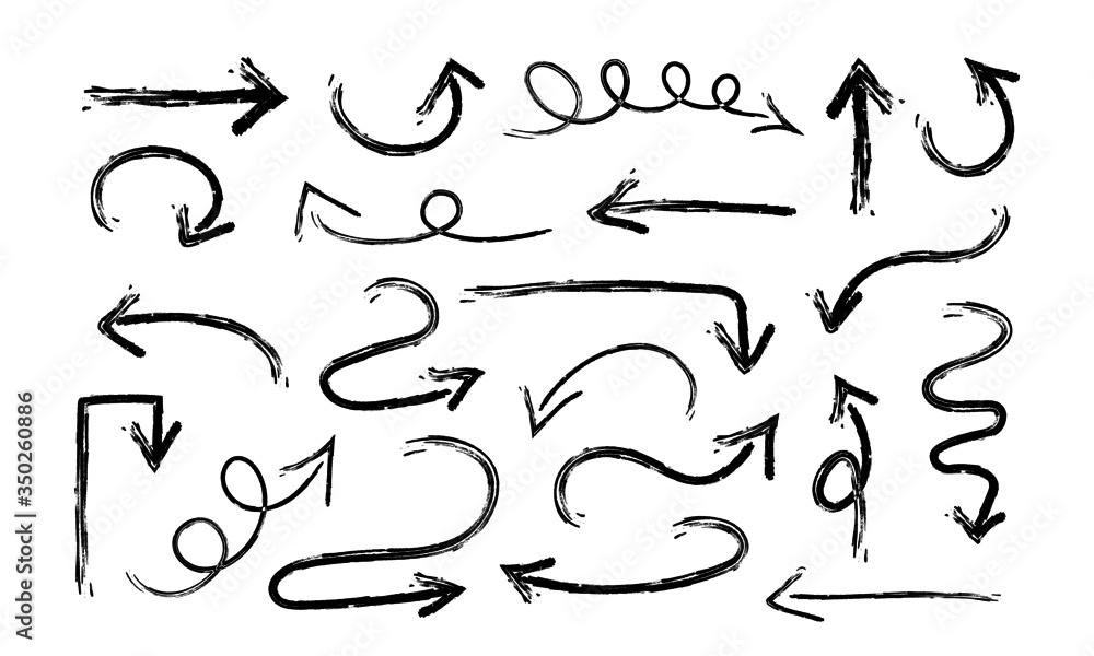 Grunge hand drawn arrows. Set of ink brush pointers, rough line trace, creative arrow design template. Abstract arrows vector illustration Grunge hand drawn arrows. Set of ink brush pointers, rough line trace, creative arrow design template. Abstract arrows vector illustration