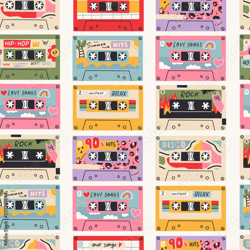 Various Retro Vintage tape Cassettes. Audio tapes. Different Mixtapes. Disco, Our songs, Hip- Hop, Summer hits, Rock, Love songs. Hand drawn colored Vector Seamless pattern. Background, wallpaper