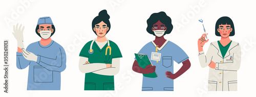 Set of four female Doctors standing with clipboard, stethoscope, syringe, rubber gloves. Health Care concept. Hand drawn colored trendy Vector illustrations. Every lady is isolated