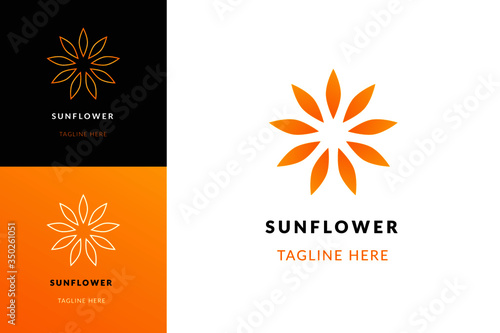 Sun flower logo. Sunflower logotype concept on gradient yellow black white background flat line style. Botanical icon for yoga, wellness spa, beauty companies. Vector illustration