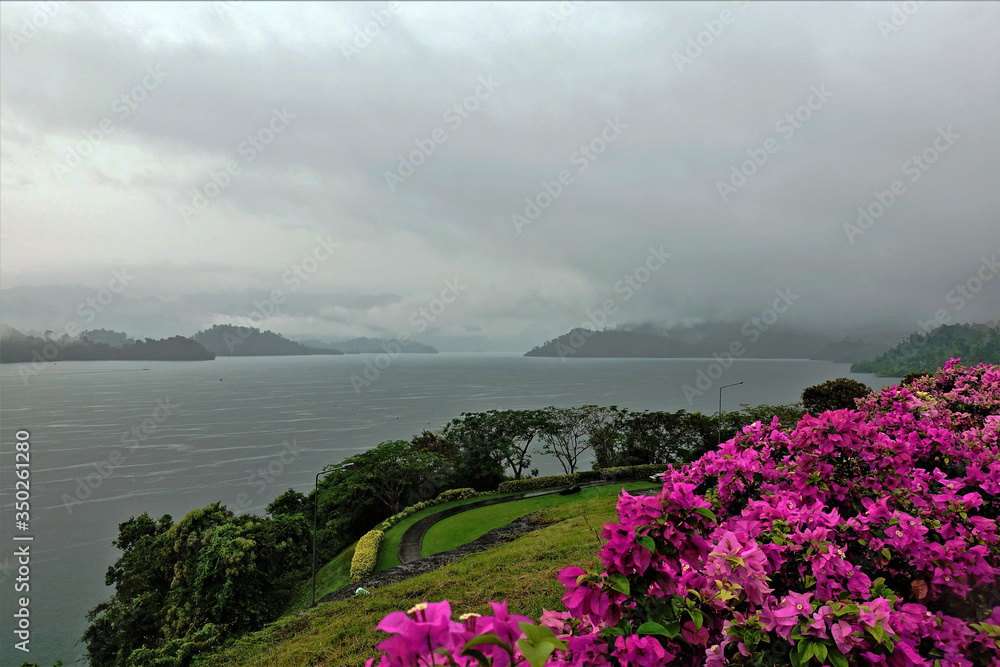 Melancholy. Rain and fog on the lake. Gloomy sky, dark low clouds, mountains in the distance. A little joy from the green grass and bright pink flowers.