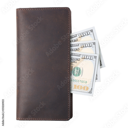 Brown leather wallet with dollars banknotes isolated on white