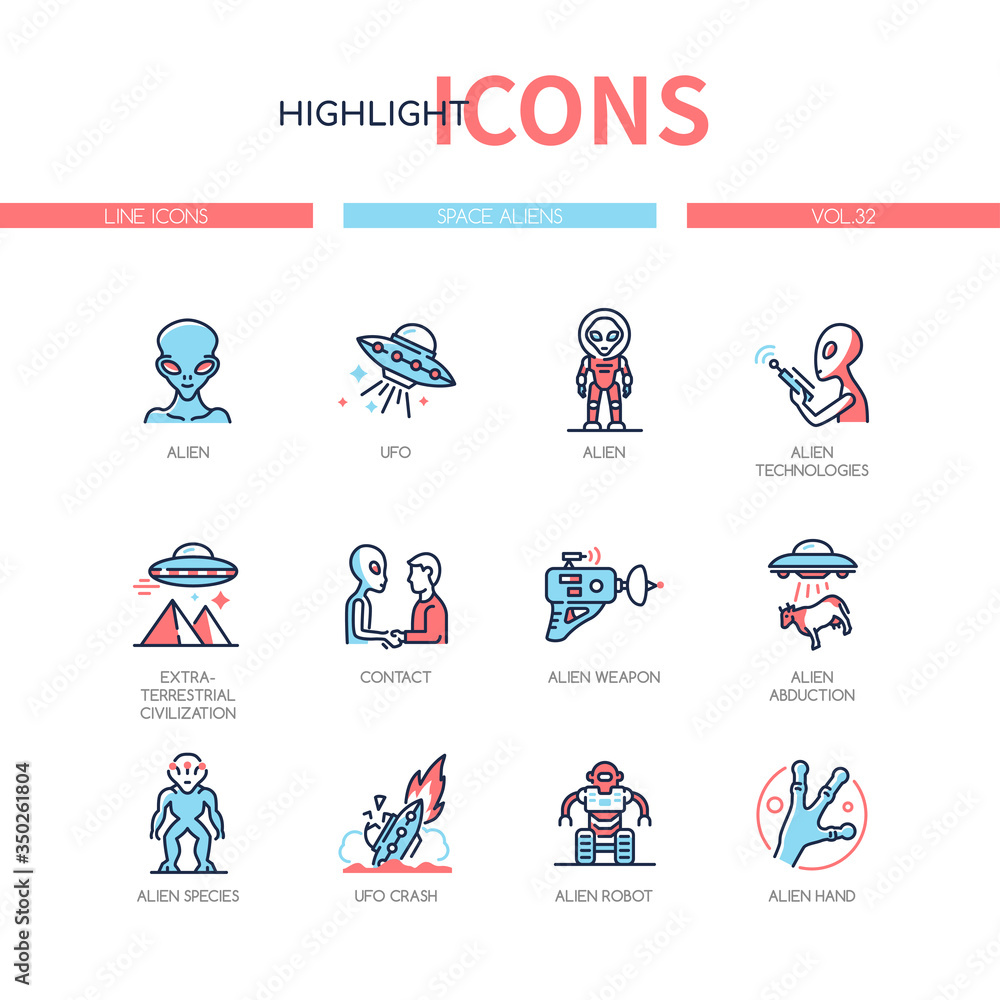 Space aliens - line design style icons set