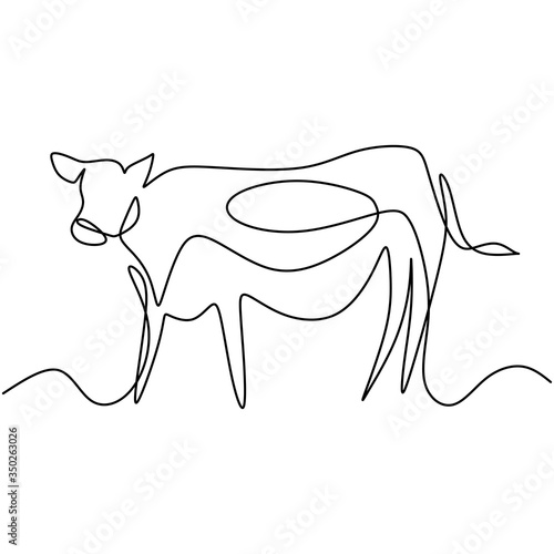 One line design silhouette of cow. Cow in the field. Village animal concept. Farmer activity. Hand drawn minimalism style. Vector illustration painting on white background.