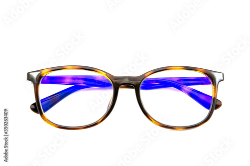 The front view of brown eye glasses with Blue Block lens for eye care for people who look at the computer screen everyday. White background with copy space.