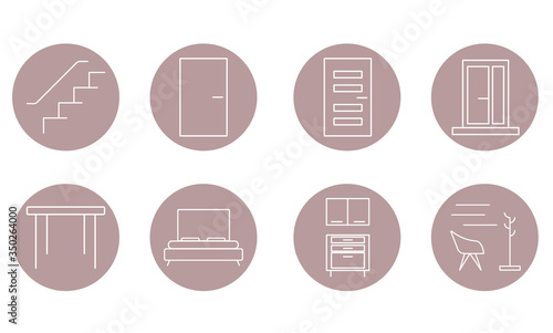 Icon set of modern interior furniture. Elements of the living room, bedroom, kitchen, hallway. Circuit Joinery. Vector stock line illustration isolated on white background.