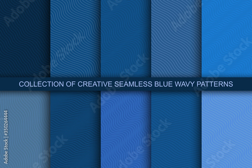 Collection of blue trendy seamless curve outline patterns. Striped endless wave textures. Vector repeatable minimalistic backgrounds with simple wavy lines
