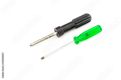 Screwdriver on a white background Your own home repair and renovation tool. Develop engineering knowledge White background.