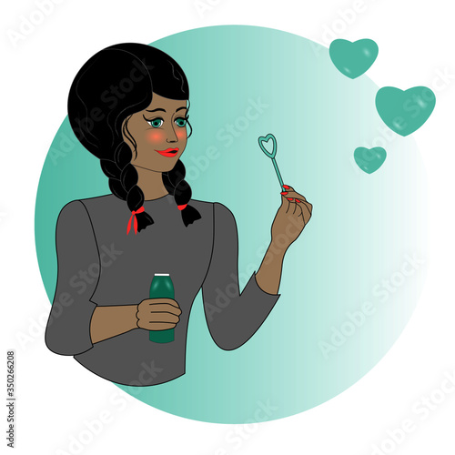 Cute girl is blowing soap bubbles in the shape of a heart. Can be used as a like in social networks or greeting card.