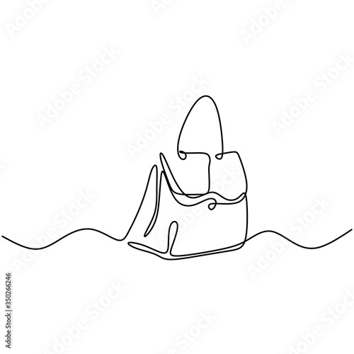 One line vector illustration of a woman bag. Elegant women's bag with flap top and handle. Leather bag female collection. Fashion girl concept drawn from the hand picture silhouette.