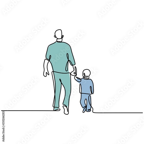 Line drawing continuous of father and son holding hands. Happy daddy holding baby family. Happy father walking together with his son. Lovely family concept Father's Day card minimalism style.